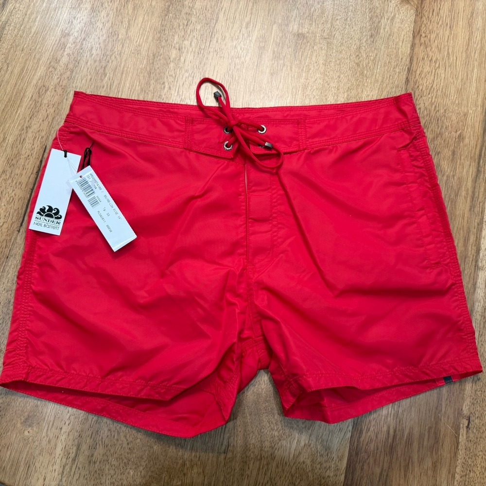 NWT Sundek Swim Shorts Size 33 "Lava" (tomato Red) Geometric Swim Trunks Retro